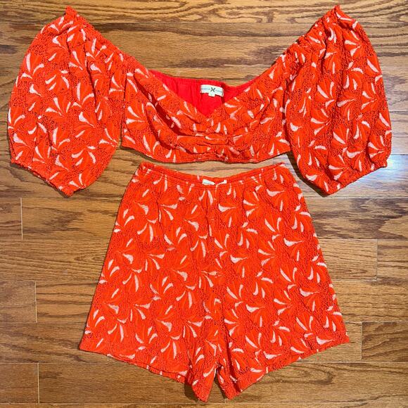 Nightcap Clothing Palm Lace Bandeau Top & High Waisted Short Red Orange Set S XS - Picture 3 of 16